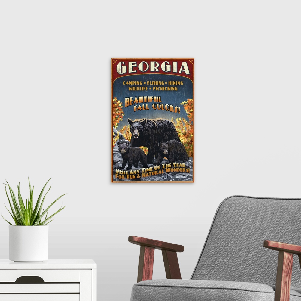 A modern room featuring Retro stylized art poster of a black bear mother with her two cubs in the wild.
