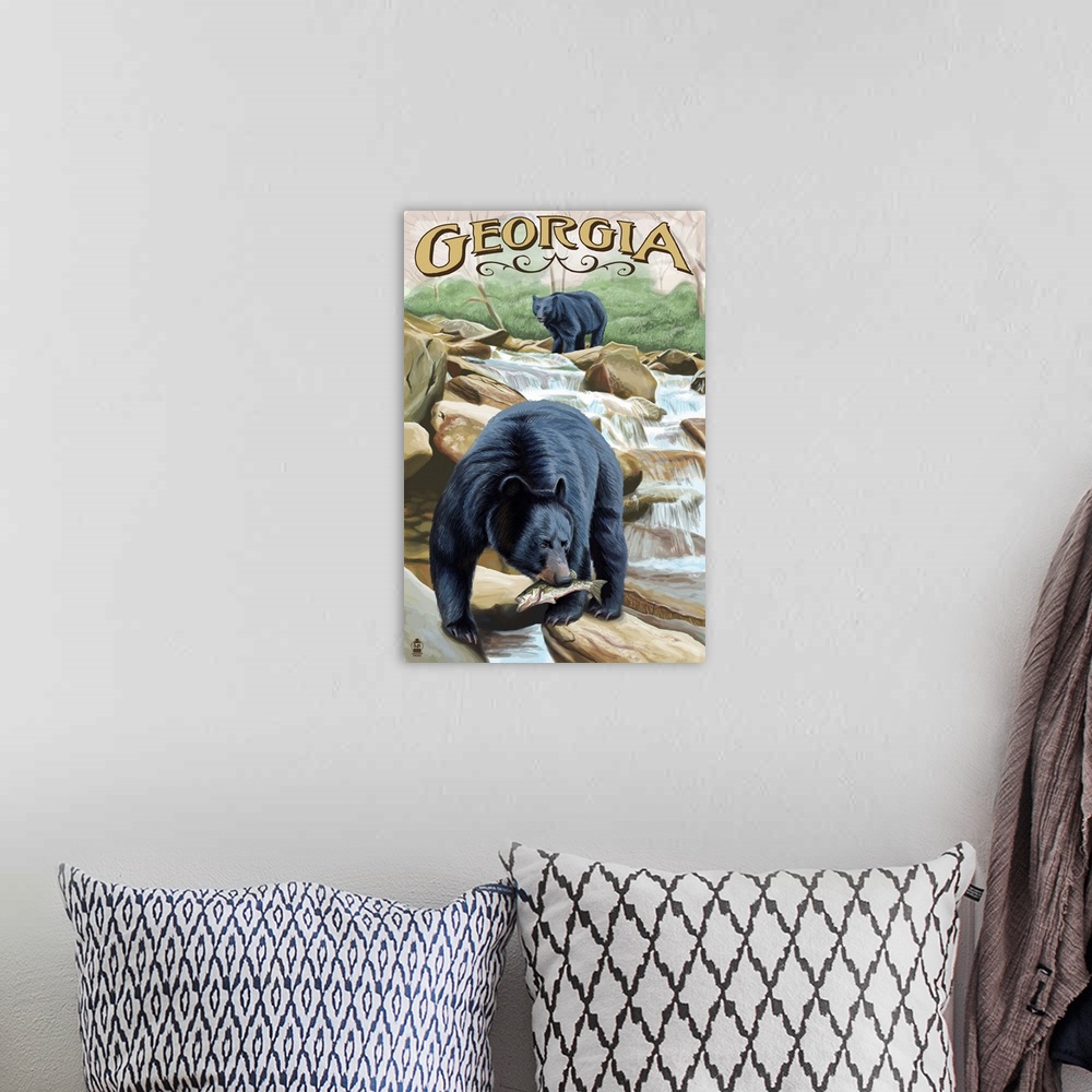 A bohemian room featuring Retro stylized art poster of a black bear in the wild.