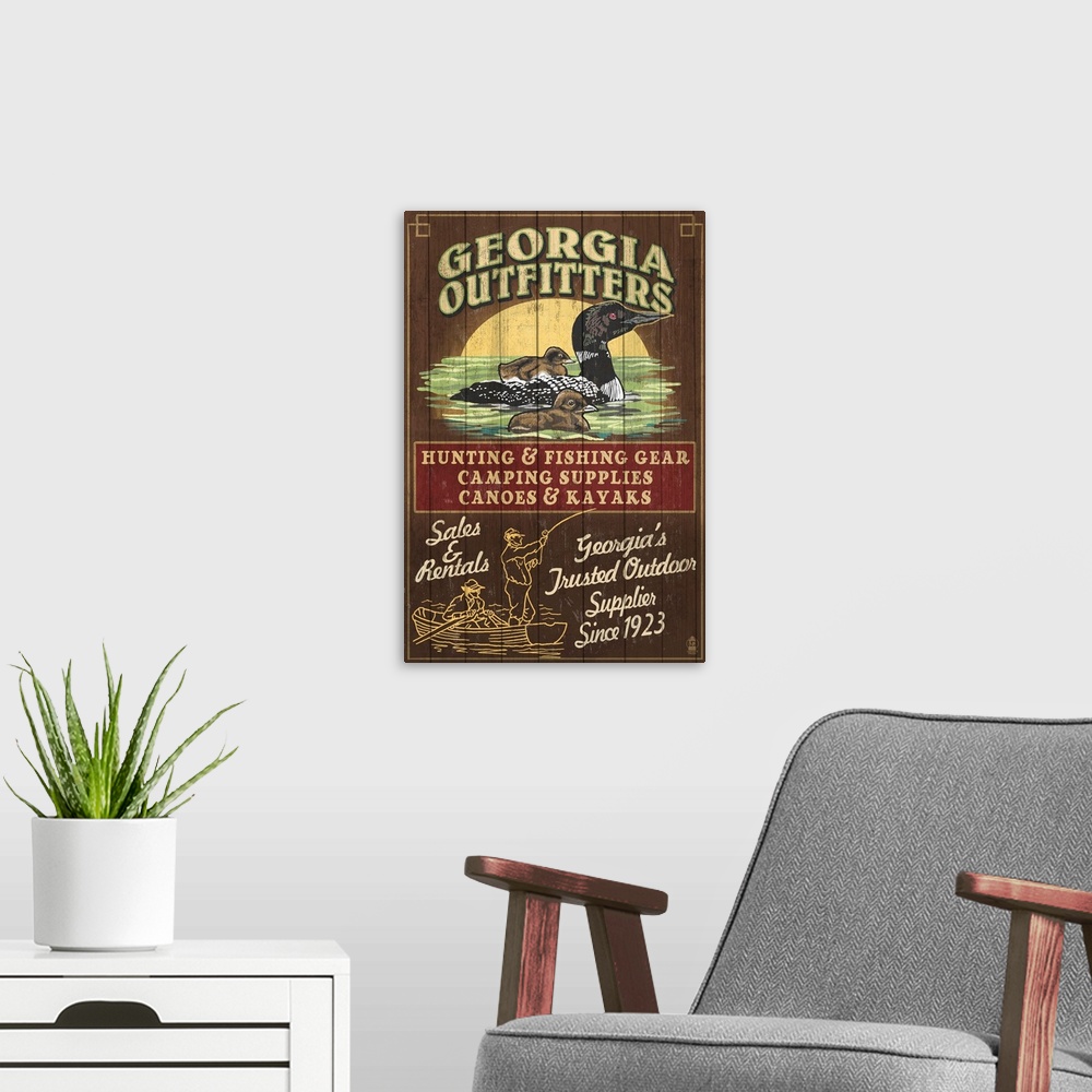 A modern room featuring Retro stylized art poster of a vintage sign with a mother loon and her ducklings.