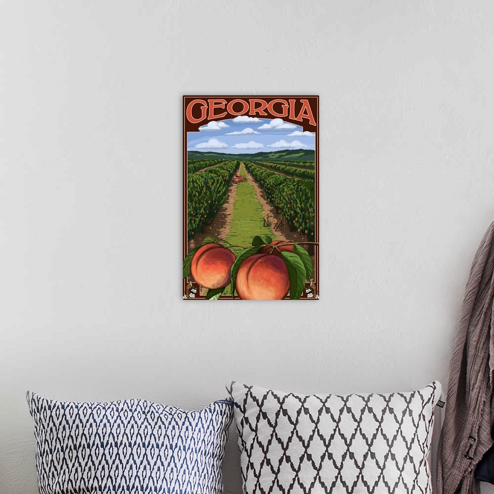 A bohemian room featuring Georgia - Peach Orchard Scene: Retro Travel Poster