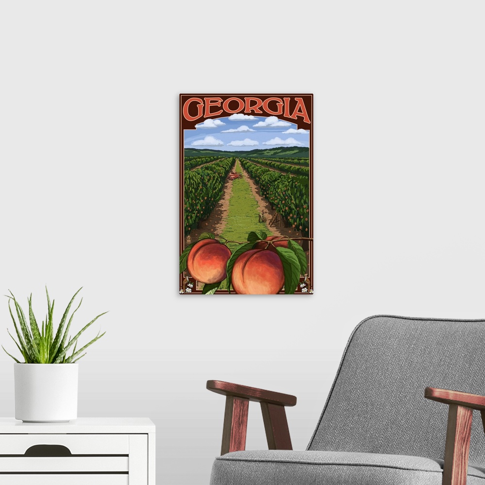 A modern room featuring Georgia - Peach Orchard Scene: Retro Travel Poster