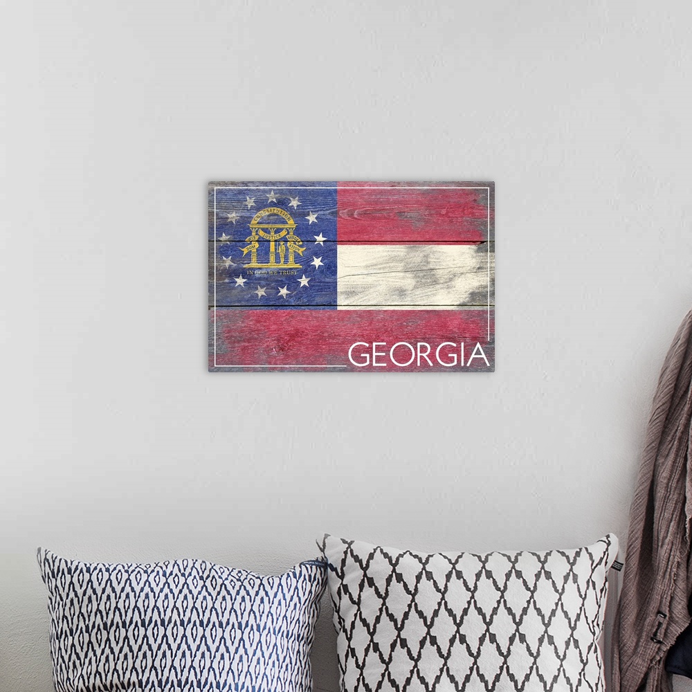 A bohemian room featuring The flag of Georgia with a weathered wooden board effect.