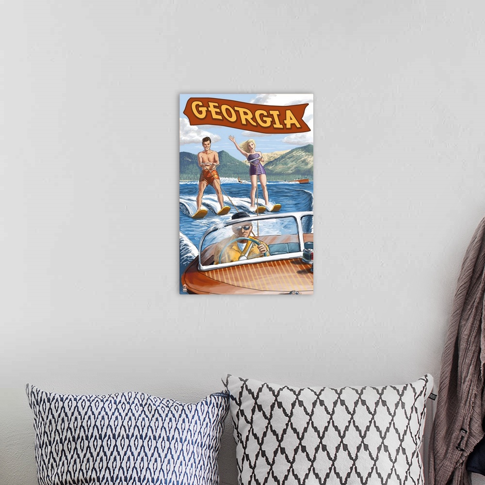 A bohemian room featuring Retro stylized art poster of a happy couple waterskiing, being pulled by a wooden speed boat.