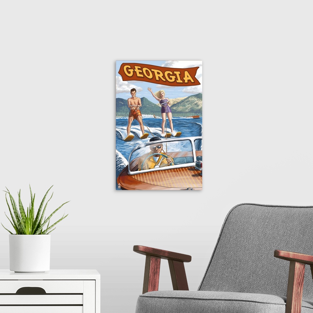 A modern room featuring Retro stylized art poster of a happy couple waterskiing, being pulled by a wooden speed boat.