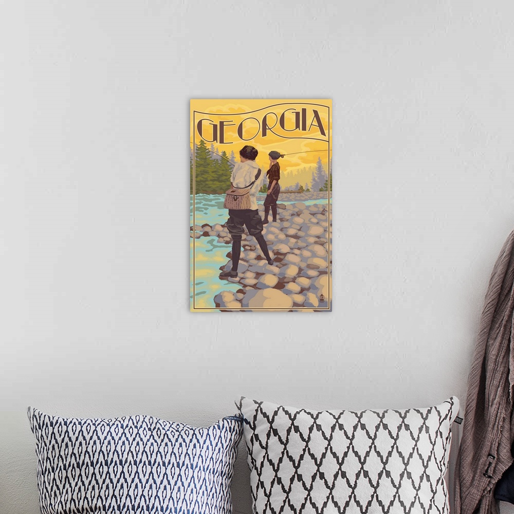 A bohemian room featuring Retro stylized art poster of two women by a river fly fishing.