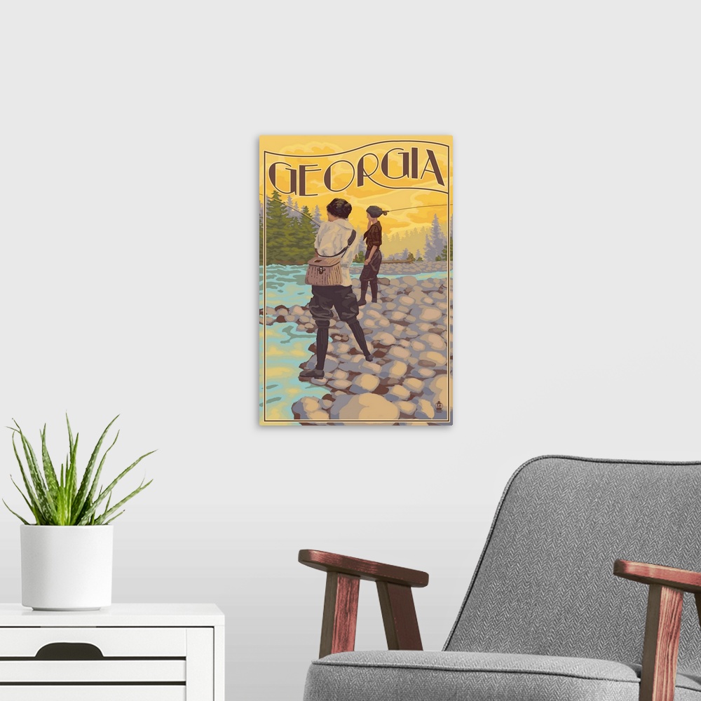 A modern room featuring Retro stylized art poster of two women by a river fly fishing.