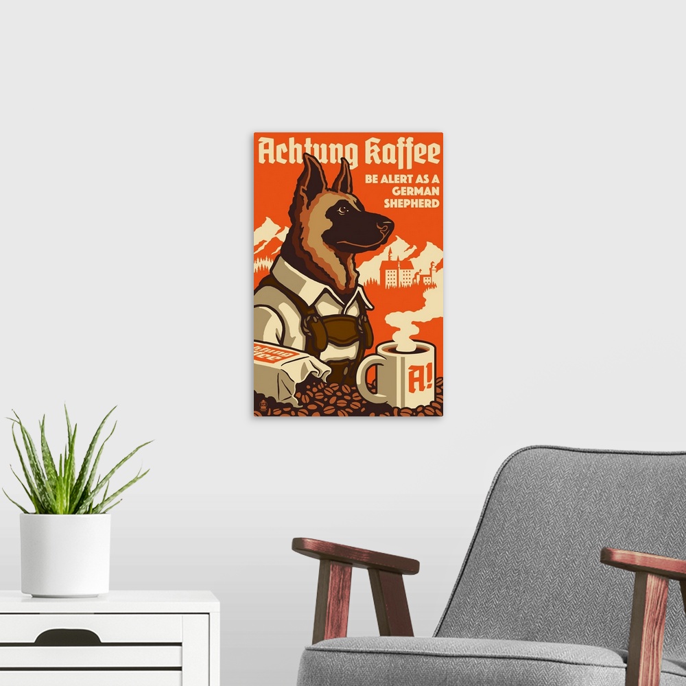 A modern room featuring German Shepherd, Retro Coffee Ad