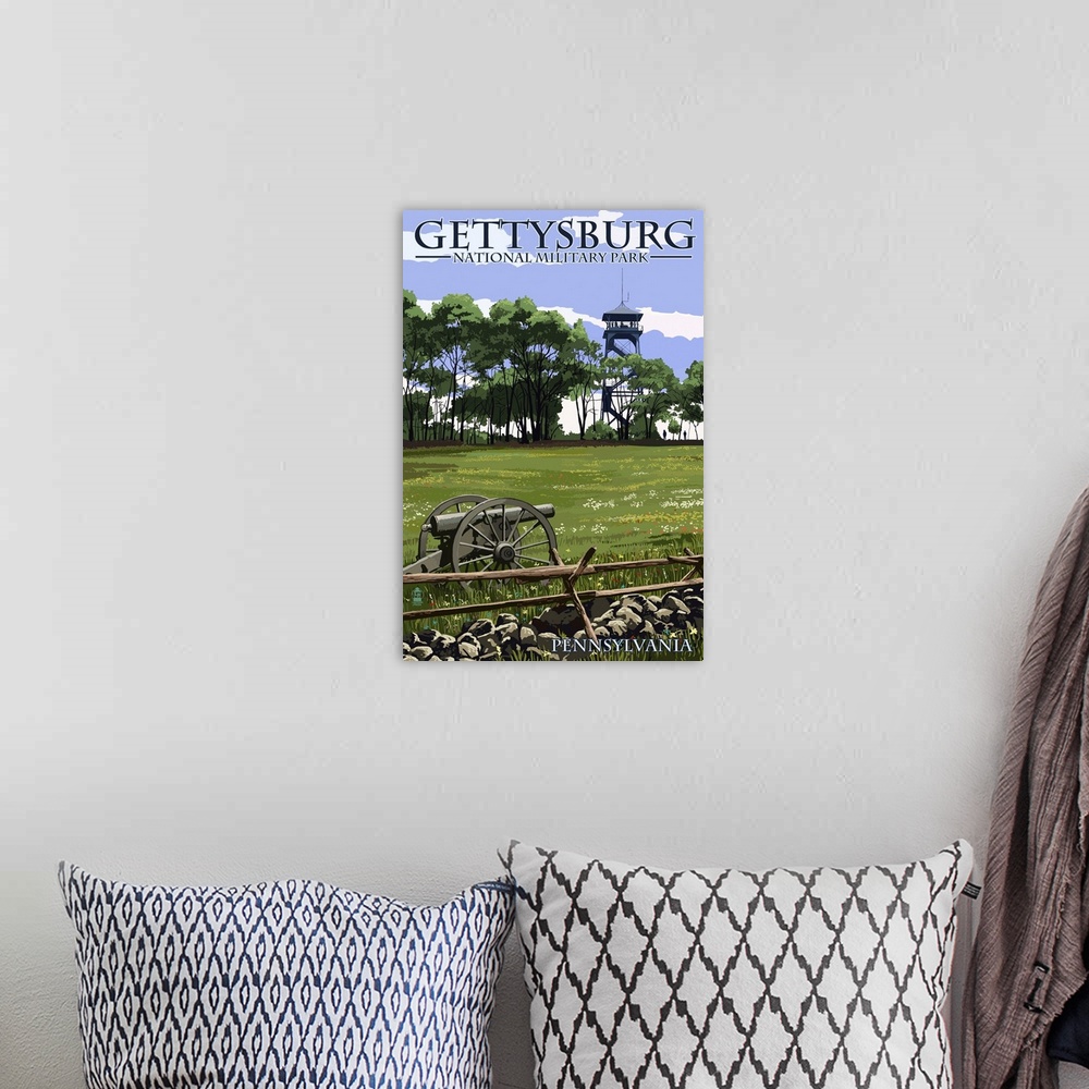 A bohemian room featuring Gettysburg, Pennsylvania - Battlefield Tower: Retro Travel Poster