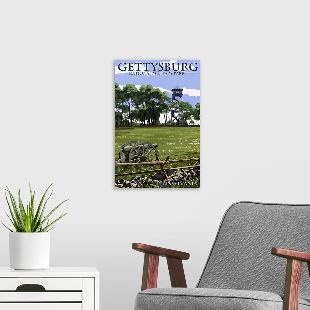 A modern room featuring Gettysburg, Pennsylvania - Battlefield Tower: Retro Travel Poster