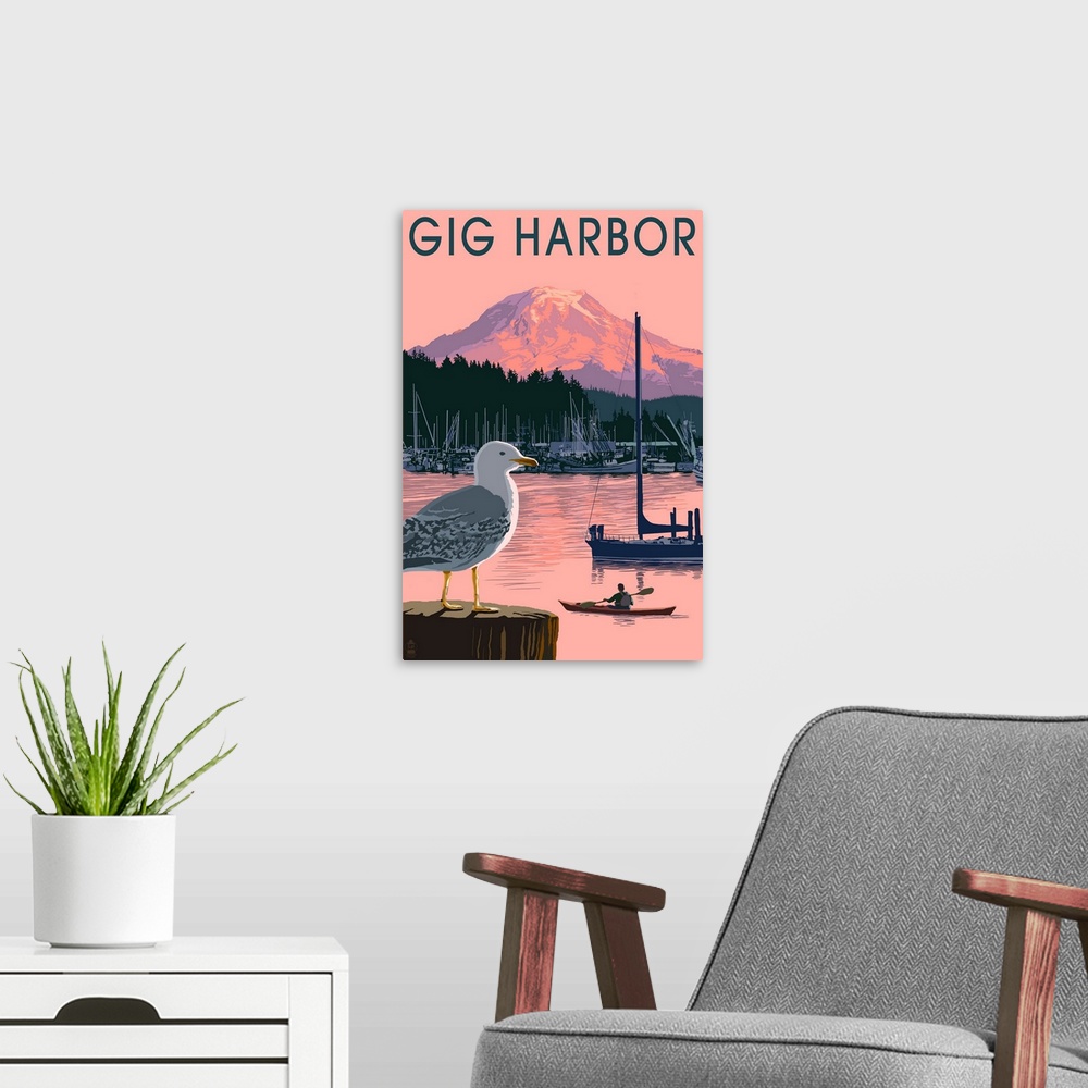 A modern room featuring Gig Harbor, Washington, Marina and Rainier at Sunset
