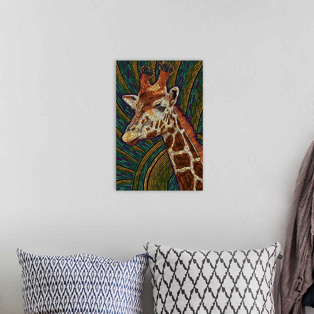 A bohemian room featuring Giraffe - Paper Mosaic: Retro Art Poster