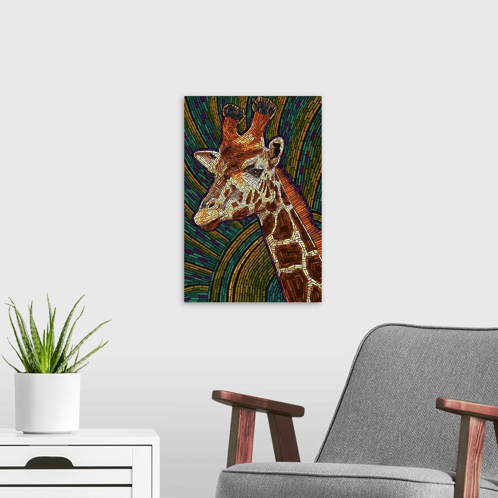 A modern room featuring Giraffe - Paper Mosaic: Retro Art Poster