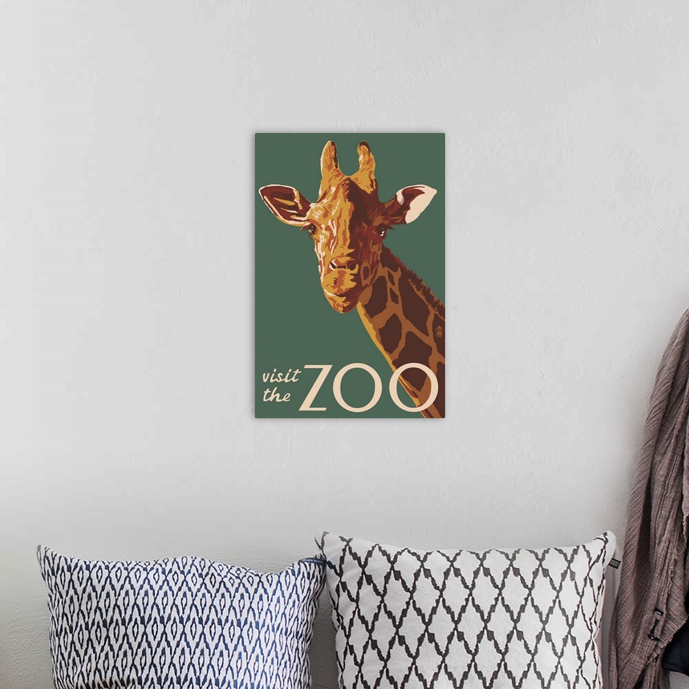 A bohemian room featuring Giraffe Up Close - Visit the Zoo: Retro Travel Poster