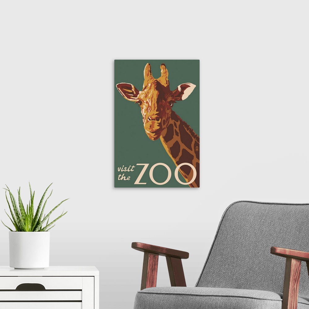 A modern room featuring Giraffe Up Close - Visit the Zoo: Retro Travel Poster