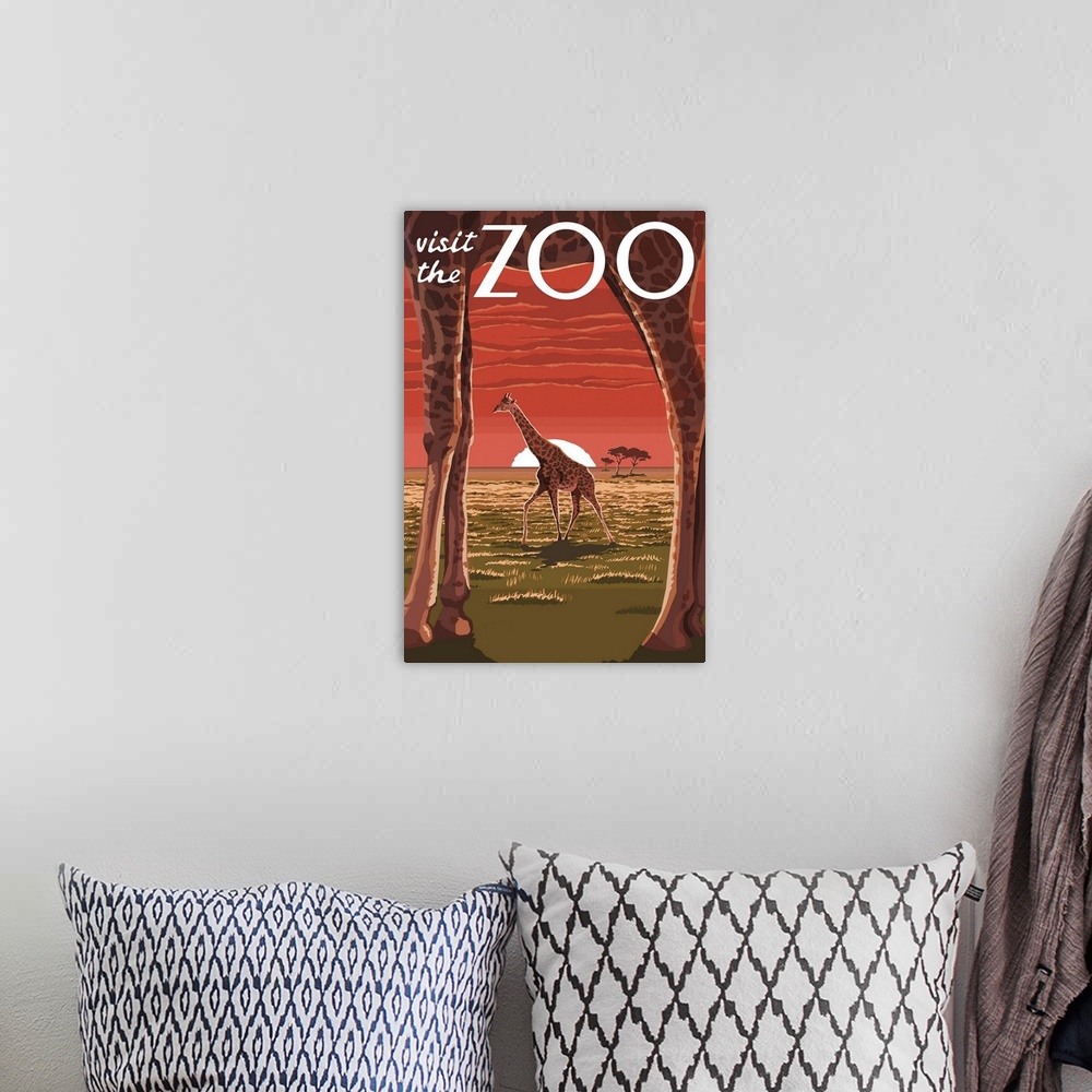 A bohemian room featuring Giraffe - Visit the Zoo: Retro Travel Poster