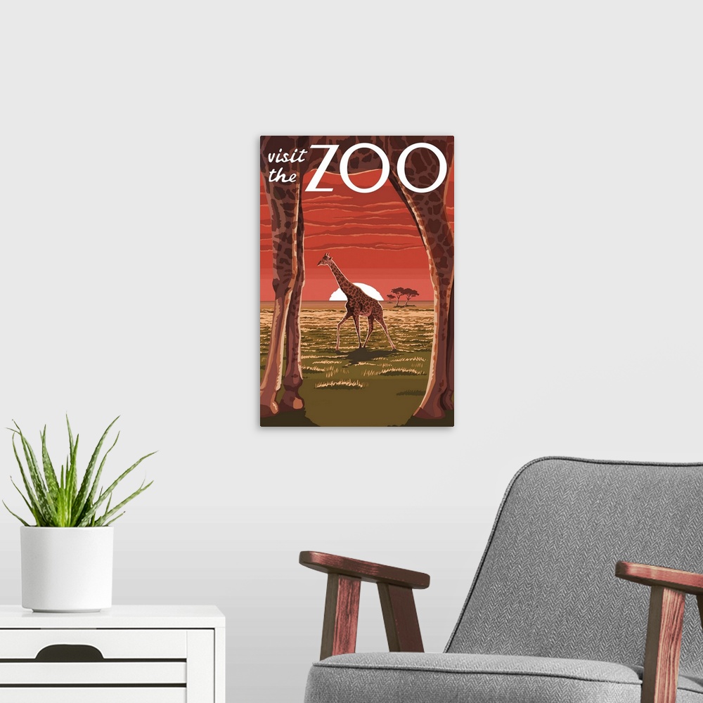 A modern room featuring Giraffe - Visit the Zoo: Retro Travel Poster