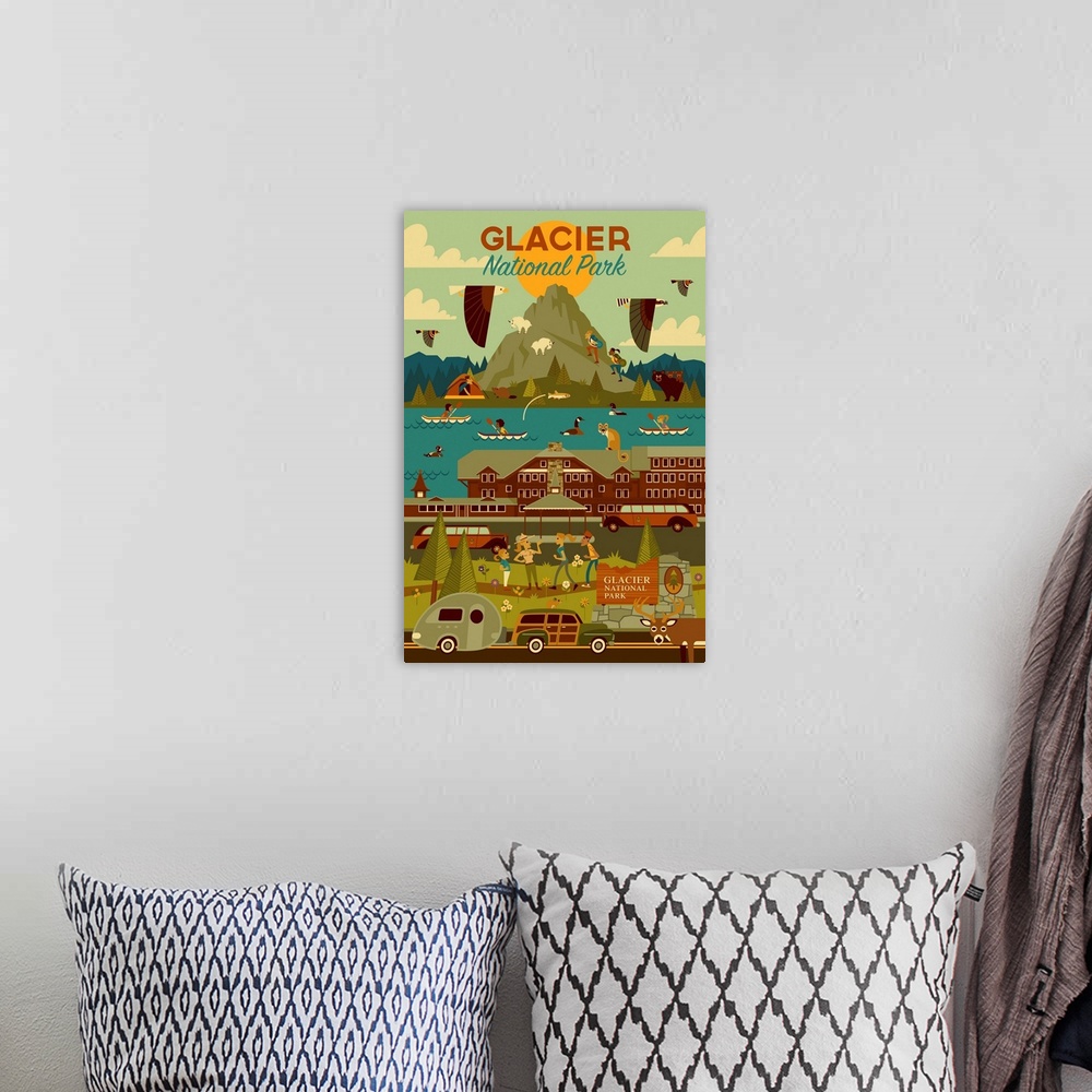 A bohemian room featuring Glacier National Park, Adventure: Graphic Travel Poster