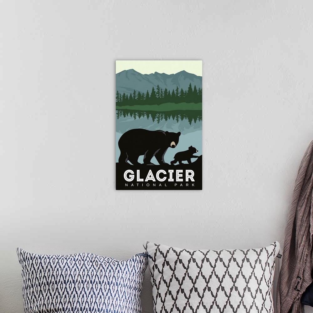 A bohemian room featuring Glacier National Park, Bear And Cub: Graphic Travel Poster