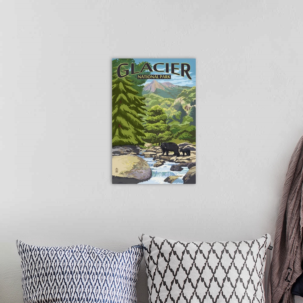 A bohemian room featuring Glacier National Park, Bear And Cub: Retro Travel Poster