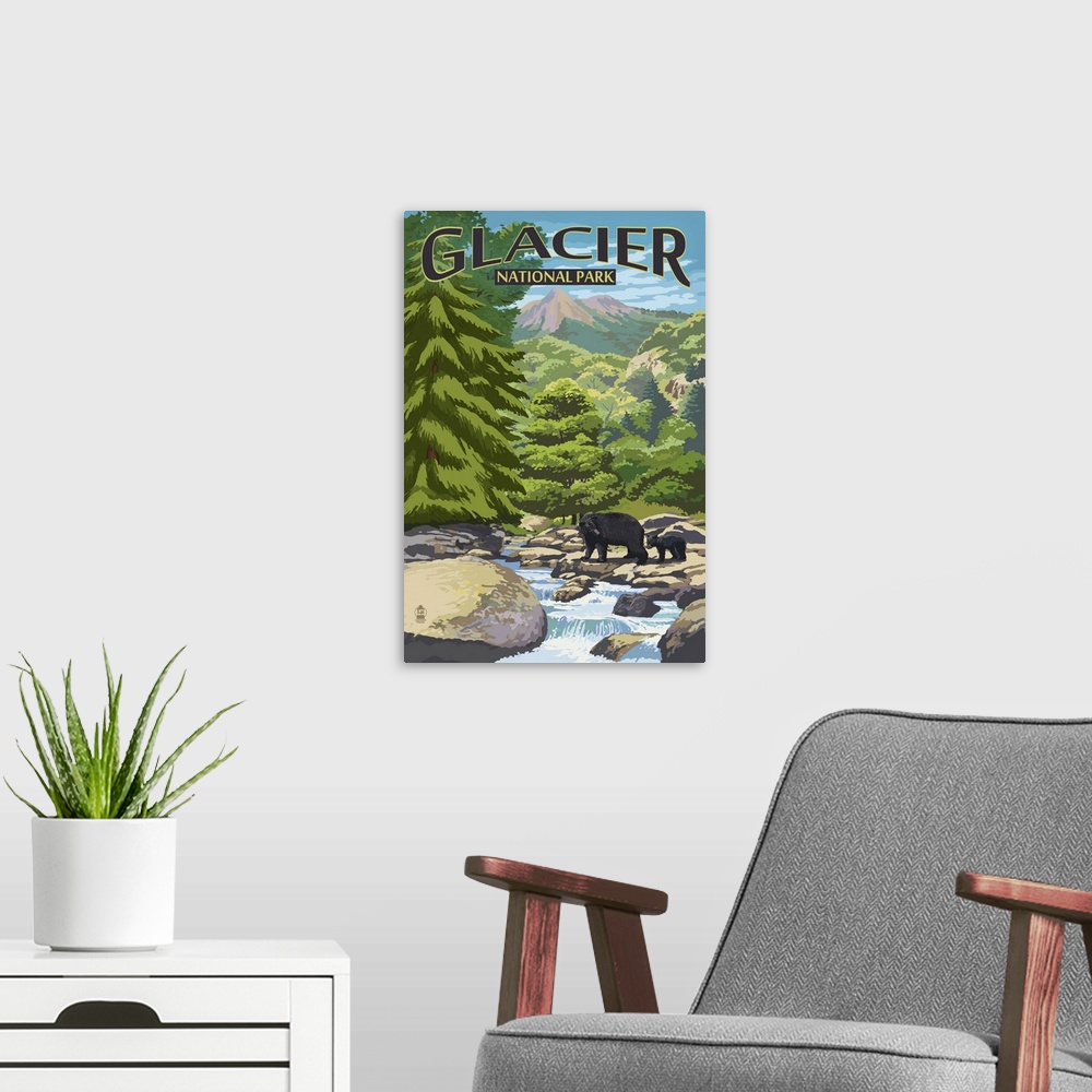 A modern room featuring Glacier National Park, Bear And Cub: Retro Travel Poster
