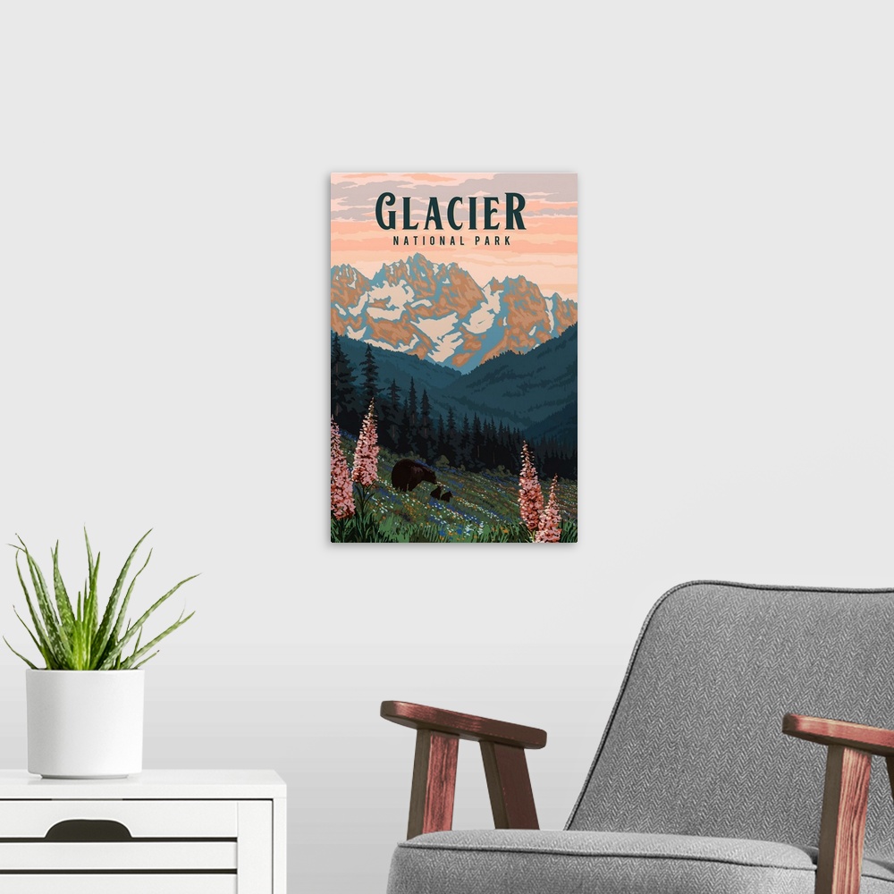 A modern room featuring Glacier National Park, Bear and Cubs: Retro Travel Poster
