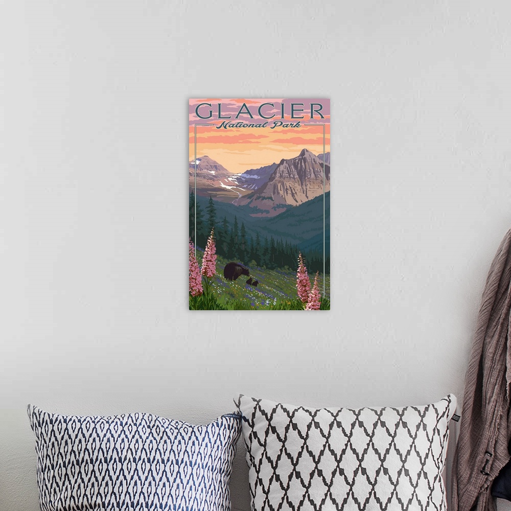A bohemian room featuring Glacier National Park, Bear & Cubs: Retro Travel Poster