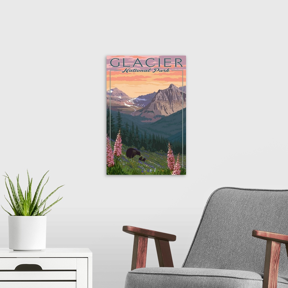 A modern room featuring Glacier National Park, Bear & Cubs: Retro Travel Poster