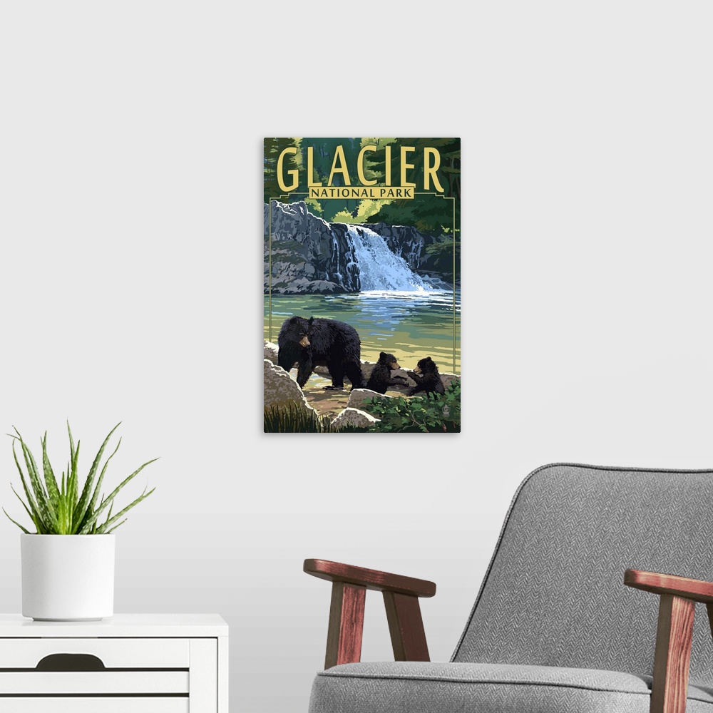 A modern room featuring Glacier National Park, Bear Family and Waterfall