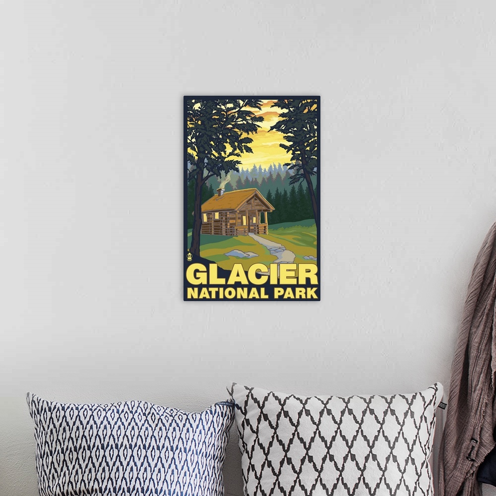 A bohemian room featuring Glacier National Park - Cabin Scene: Retro Travel Poster