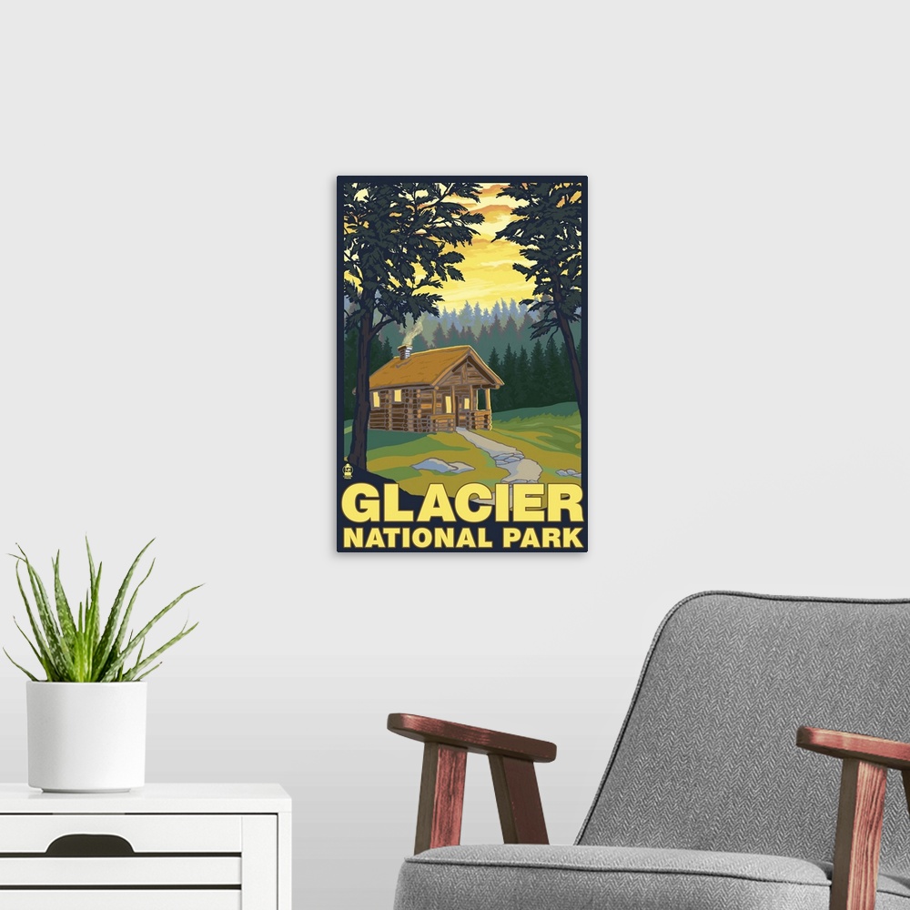 A modern room featuring Glacier National Park - Cabin Scene: Retro Travel Poster