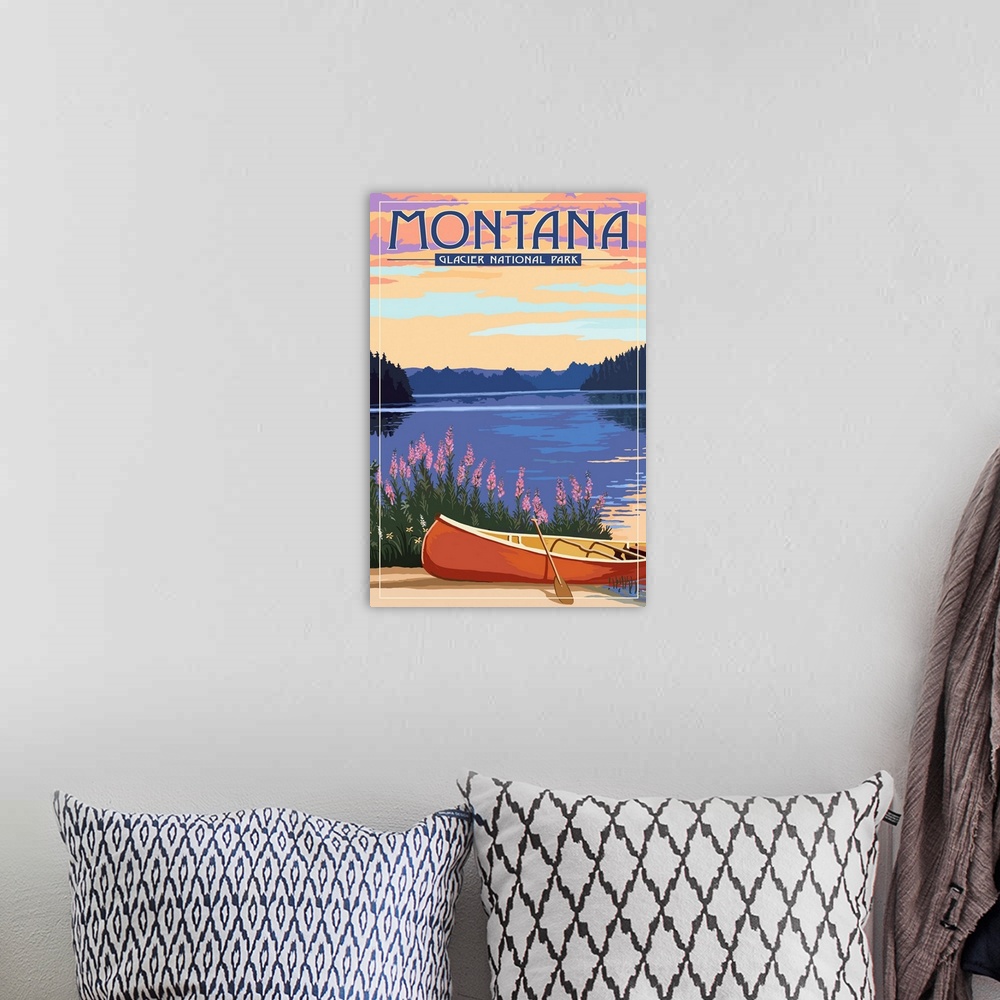 A bohemian room featuring Glacier National Park, Canoe: Retro Travel Poster