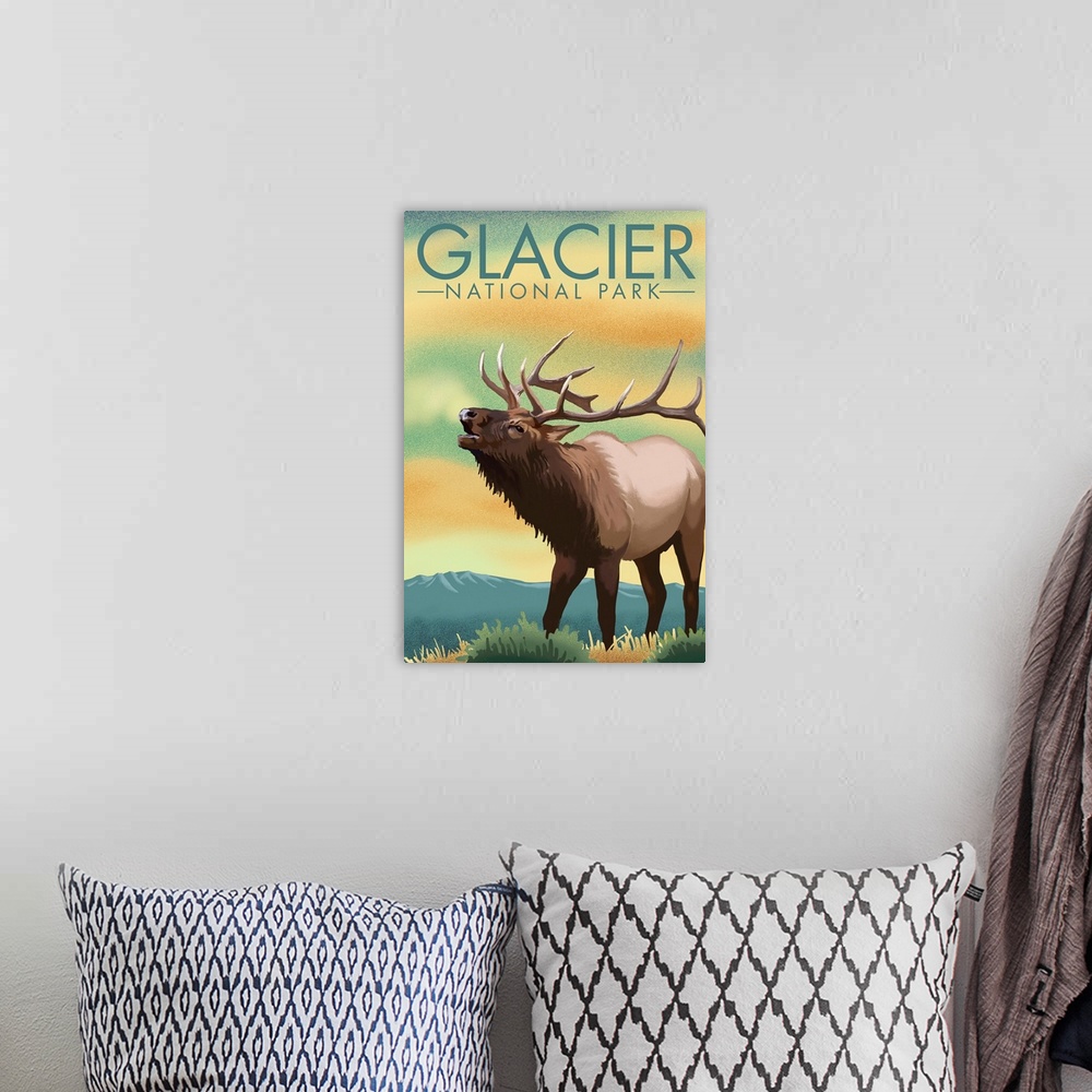 A bohemian room featuring Glacier National Park, Deer Bellowing: Retro Travel Poster