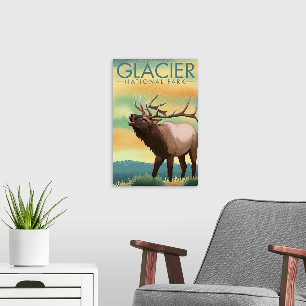 A modern room featuring Glacier National Park, Deer Bellowing: Retro Travel Poster