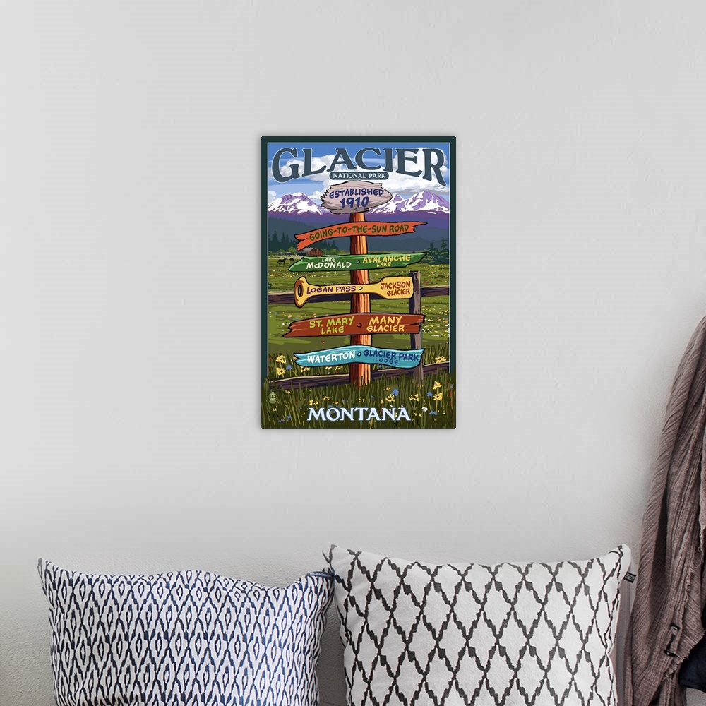 A bohemian room featuring Glacier National Park, Destination Sign: Retro Travel Poster