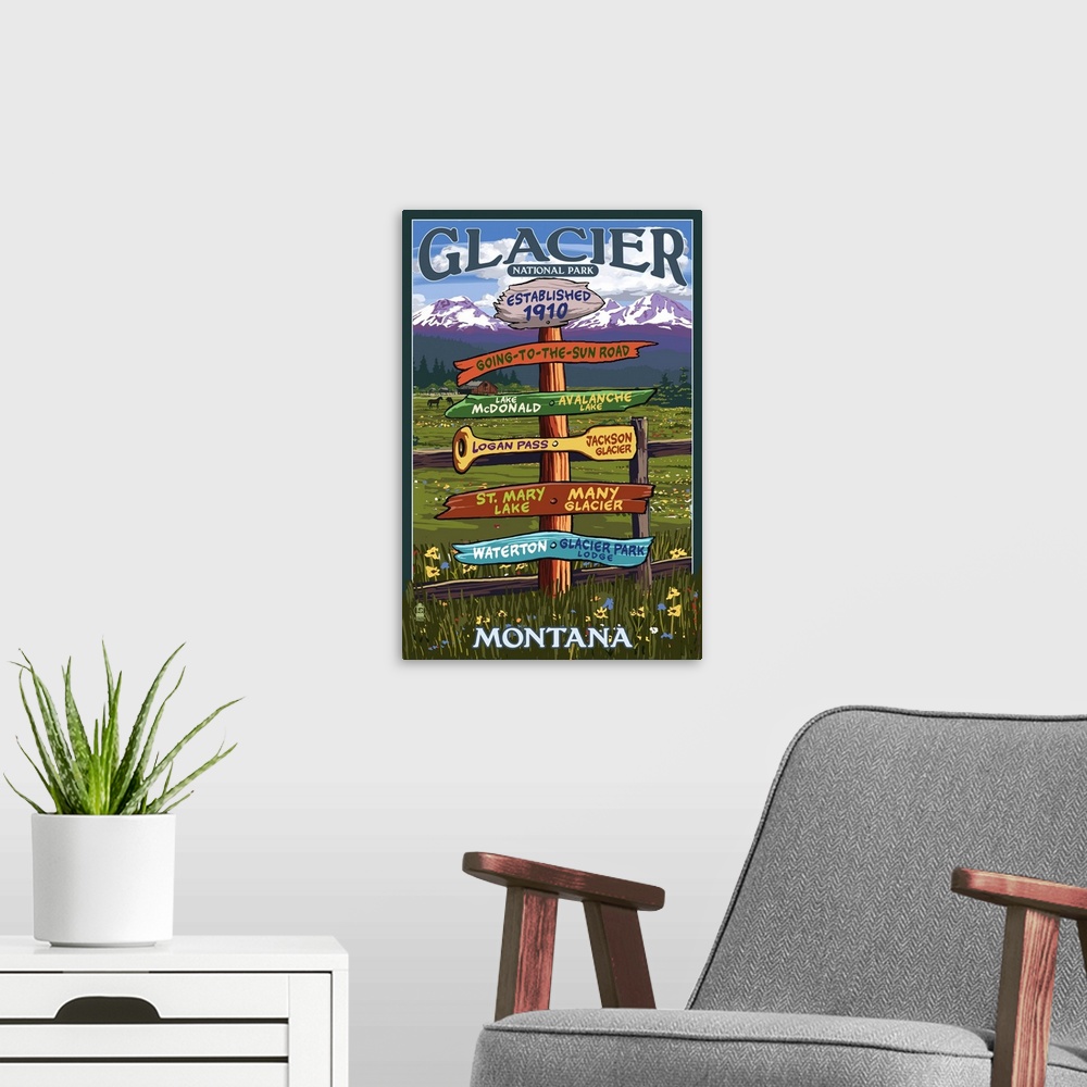 A modern room featuring Glacier National Park, Destination Sign: Retro Travel Poster