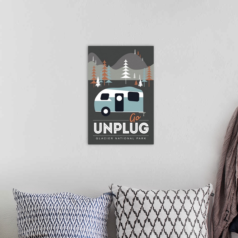 A bohemian room featuring Glacier National Park, Go Unplug: Graphic Travel Poster