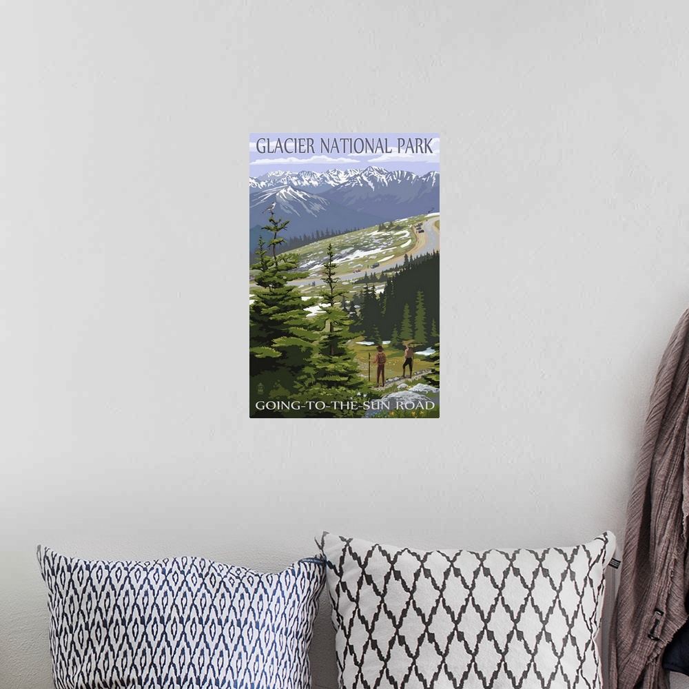 A bohemian room featuring Glacier National Park - Going to the Sun Road and Hikers: Retro Travel Poster