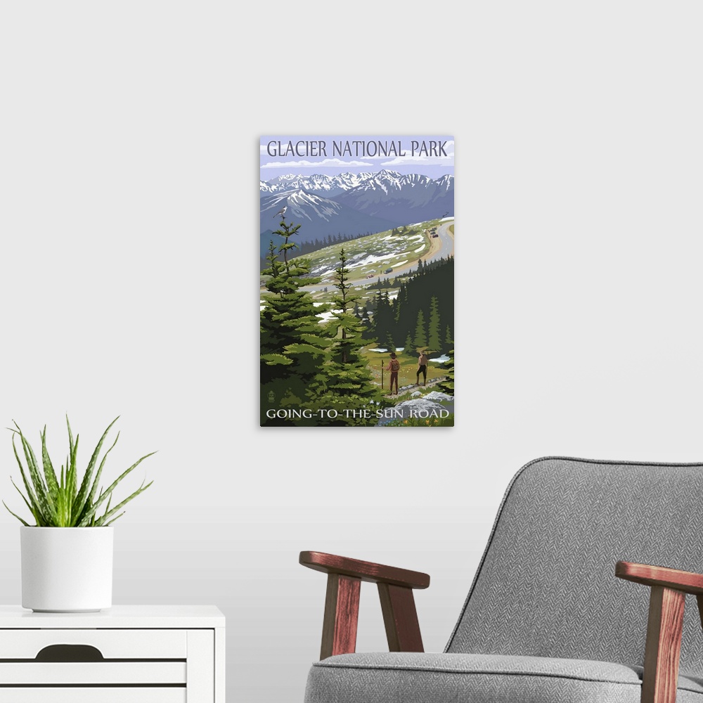 A modern room featuring Glacier National Park - Going to the Sun Road and Hikers: Retro Travel Poster