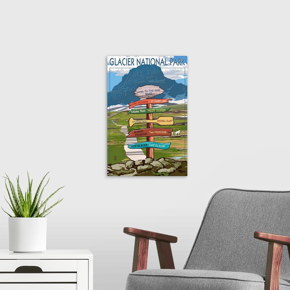 A modern room featuring Glacier National Park, Going-To-The-Sun Road, Destination Signs