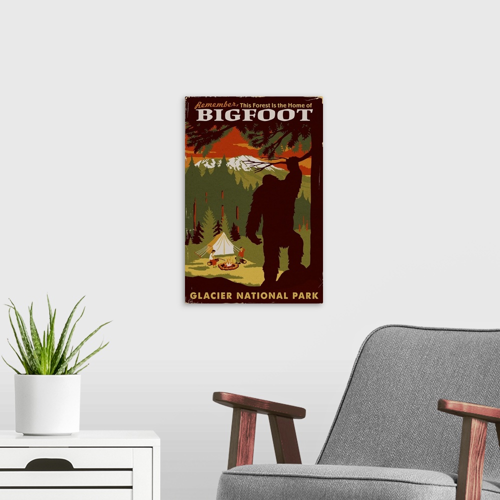 A modern room featuring Glacier National Park, Montana - Home of Bigfoot