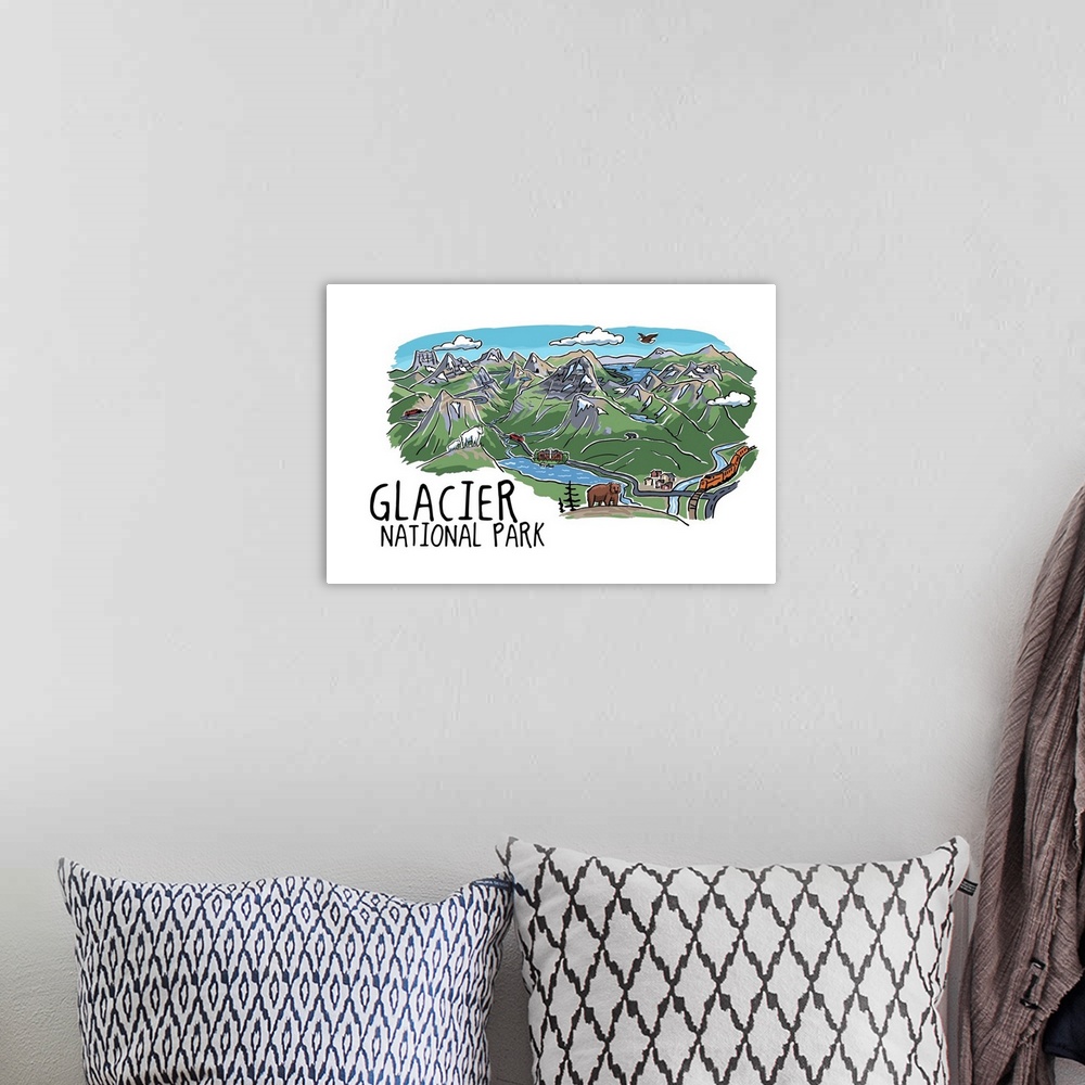 A bohemian room featuring Glacier National Park, Montana - Line Drawing