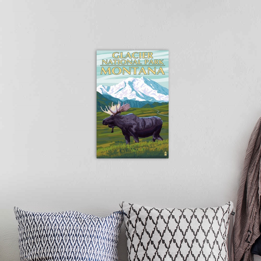 A bohemian room featuring Glacier National Park, Montana - Moose and Mountain: Retro Travel Poster