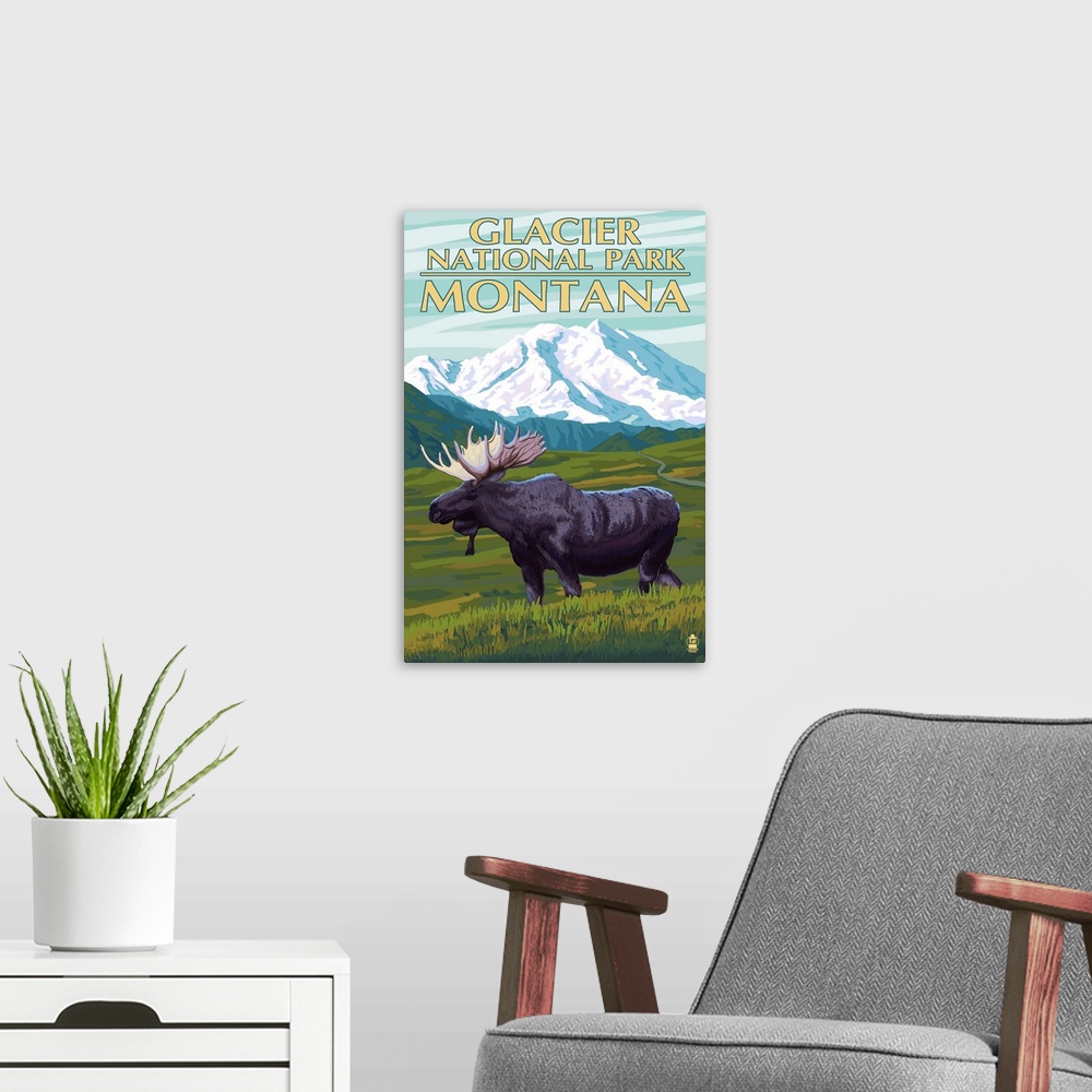A modern room featuring Glacier National Park, Montana - Moose and Mountain: Retro Travel Poster