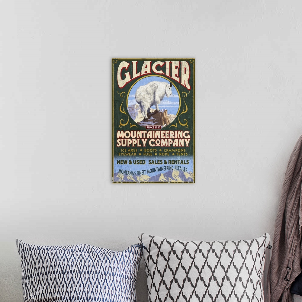 A bohemian room featuring Glacier National Park, Montana - Mountain Goat Vintage Sign: Retro Travel Poster