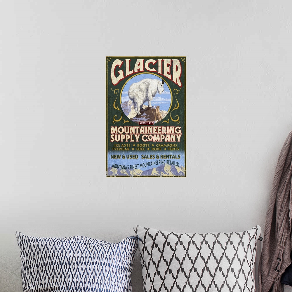 A bohemian room featuring Glacier National Park, Montana - Mountain Goat Vintage Sign: Retro Travel Poster