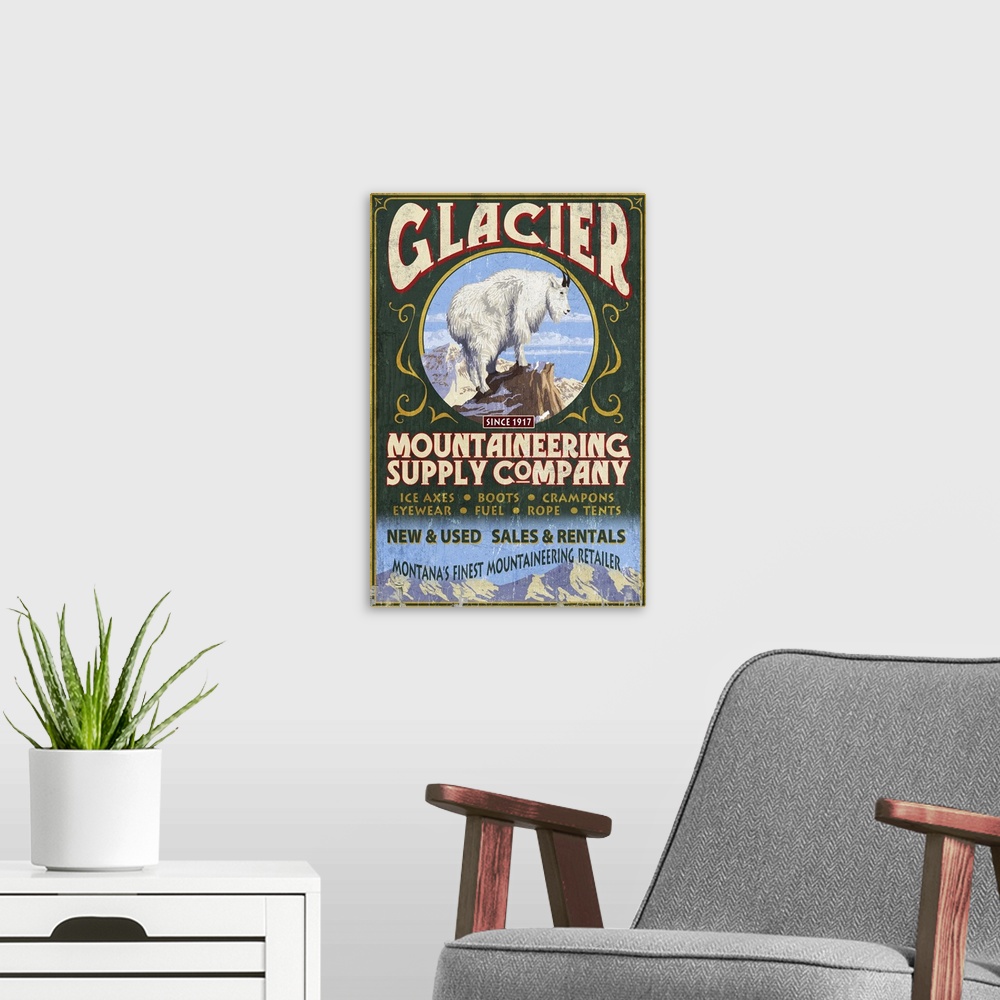 A modern room featuring Glacier National Park, Montana - Mountain Goat Vintage Sign: Retro Travel Poster