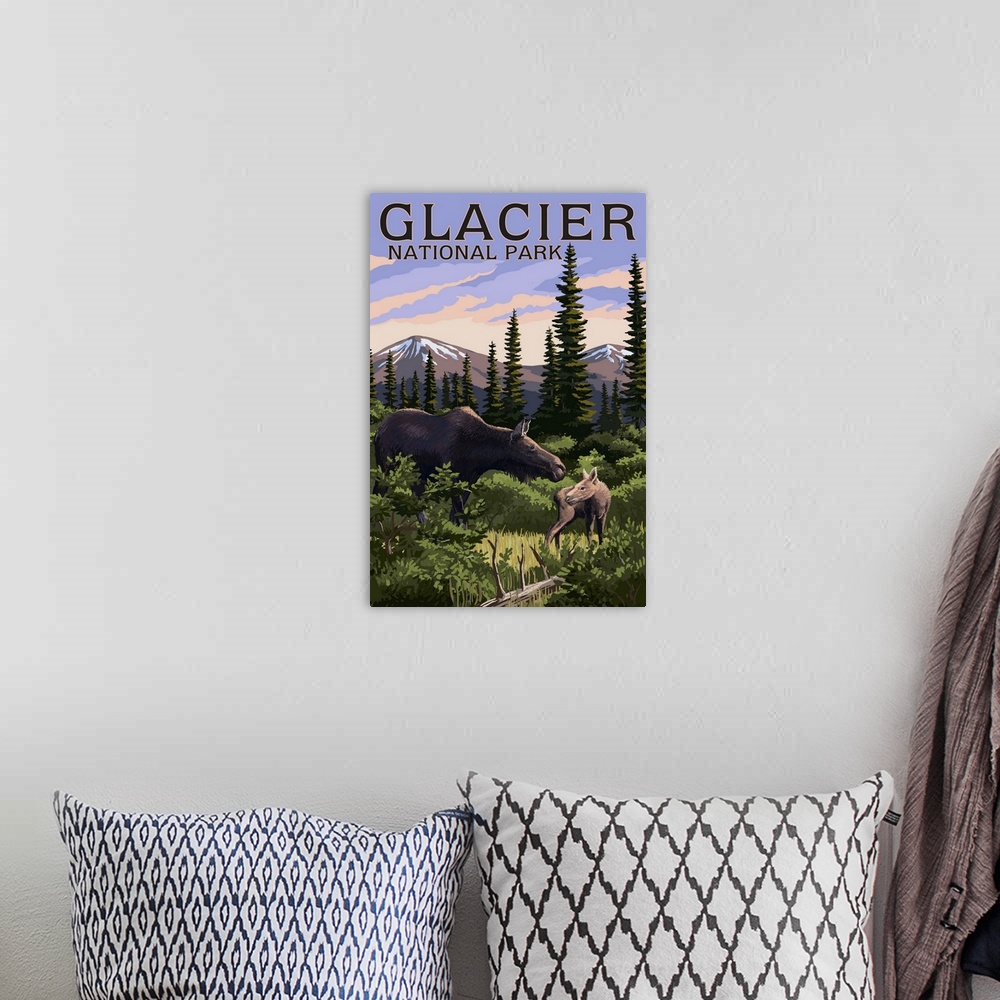 A bohemian room featuring Glacier National Park, Moose and Baby Calf
