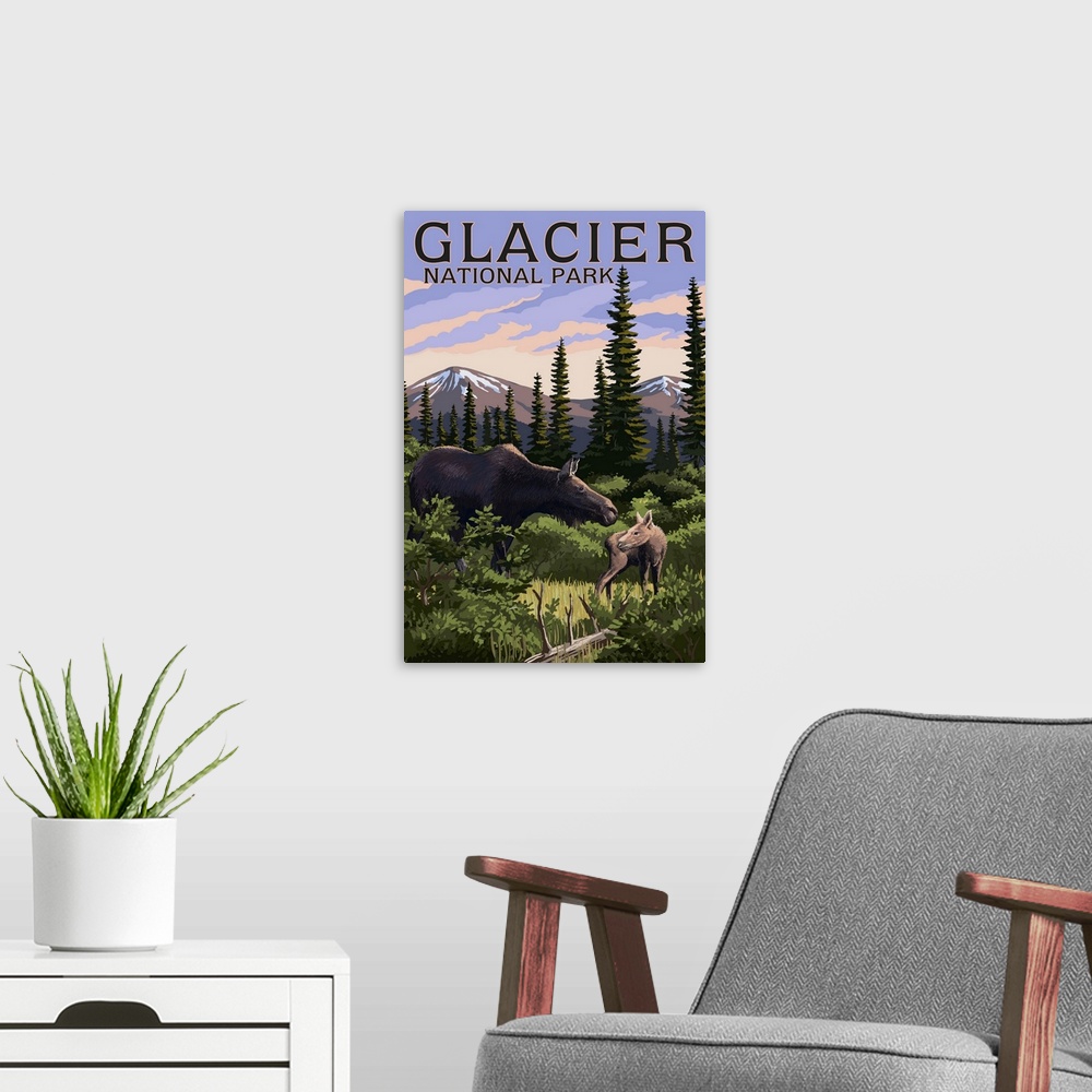 A modern room featuring Glacier National Park, Moose and Baby Calf