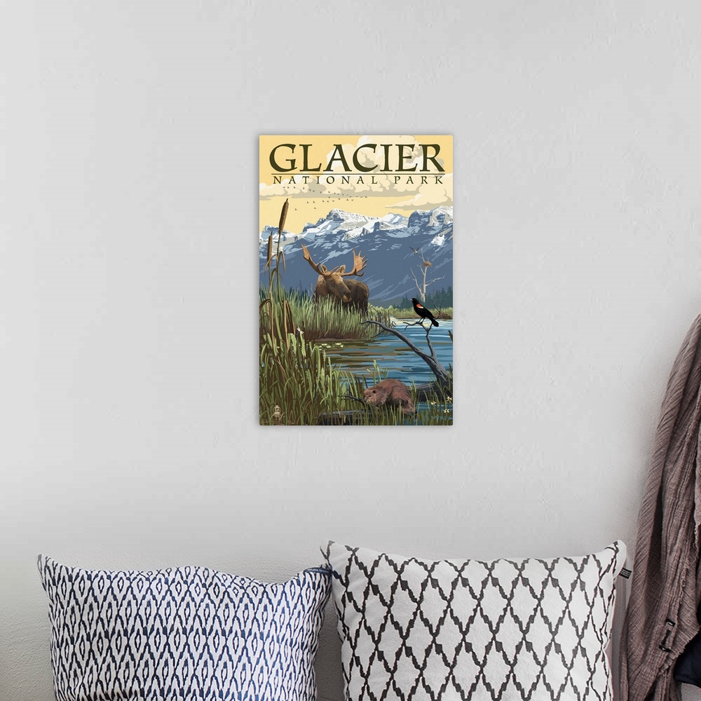 A bohemian room featuring Glacier National Park, Moose Hiding: Retro Travel Poster