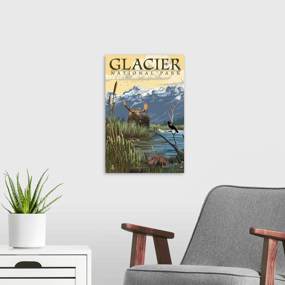 A modern room featuring Glacier National Park, Moose Hiding: Retro Travel Poster
